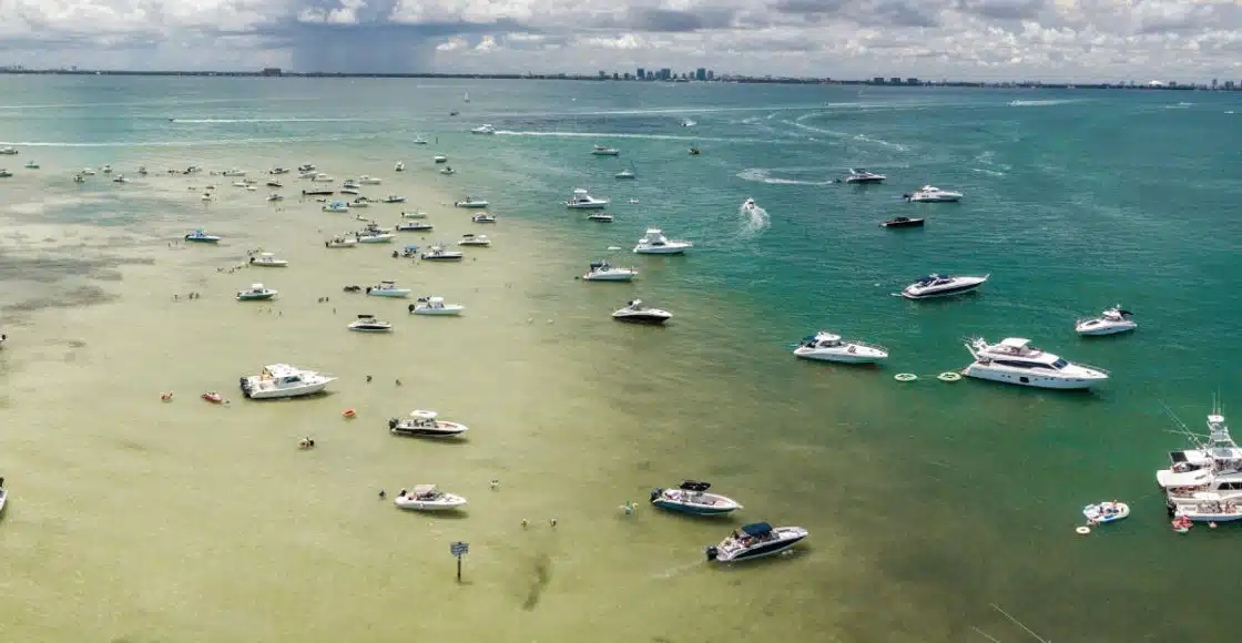 Aerial view of luxury sandbar boat rental experience in Florida Keys